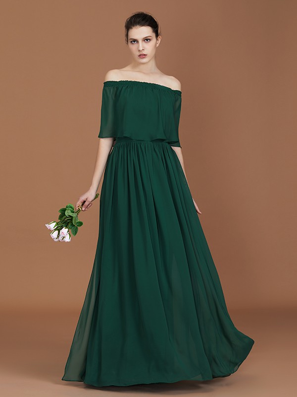 A-Line/Princess Pleats Off-the-Shoulder Floor-Length Chiffon Bridesmaid Dress 2424