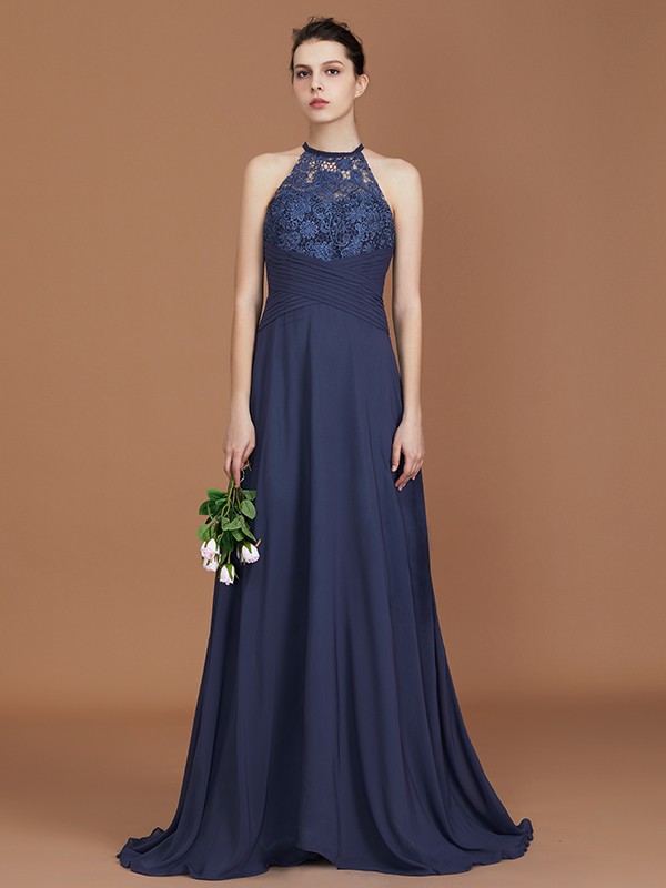 A-Line/Princess Scoop Sleeveless Sweep Train Chiffon Lace Bridesmaid Dress 2464