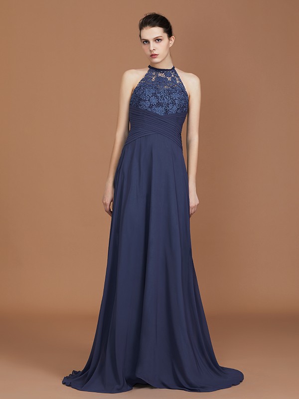 A-Line/Princess Scoop Sleeveless Sweep Train Chiffon Lace Bridesmaid Dress 2464