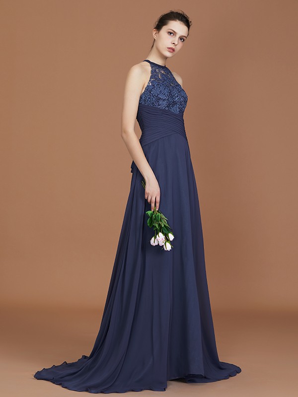 A-Line/Princess Scoop Sleeveless Sweep Train Chiffon Lace Bridesmaid Dress 2464