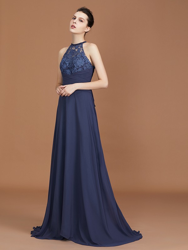 A-Line/Princess Scoop Sleeveless Sweep Train Chiffon Lace Bridesmaid Dress 2464