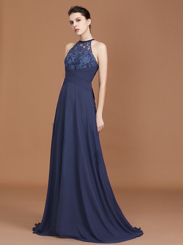 A-Line/Princess Scoop Sleeveless Sweep Train Chiffon Lace Bridesmaid Dress 2464