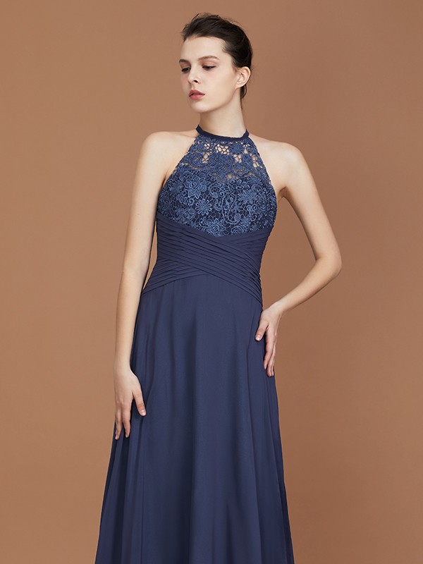 A-Line/Princess Scoop Sleeveless Sweep Train Chiffon Lace Bridesmaid Dress 2464