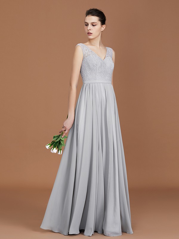 A-Line/Princess V-neck Sleeveless Floor-Length Chiffon Lace Bridesmaid Dress 2823