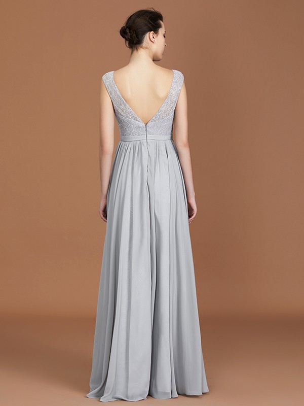 A-Line/Princess V-neck Sleeveless Floor-Length Chiffon Lace Bridesmaid Dress 2823