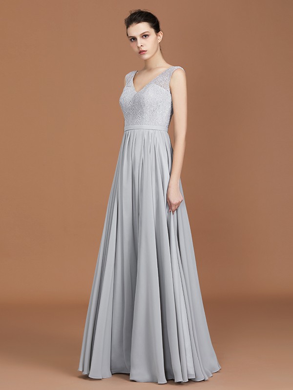 A-Line/Princess V-neck Sleeveless Floor-Length Chiffon Lace Bridesmaid Dress 2823