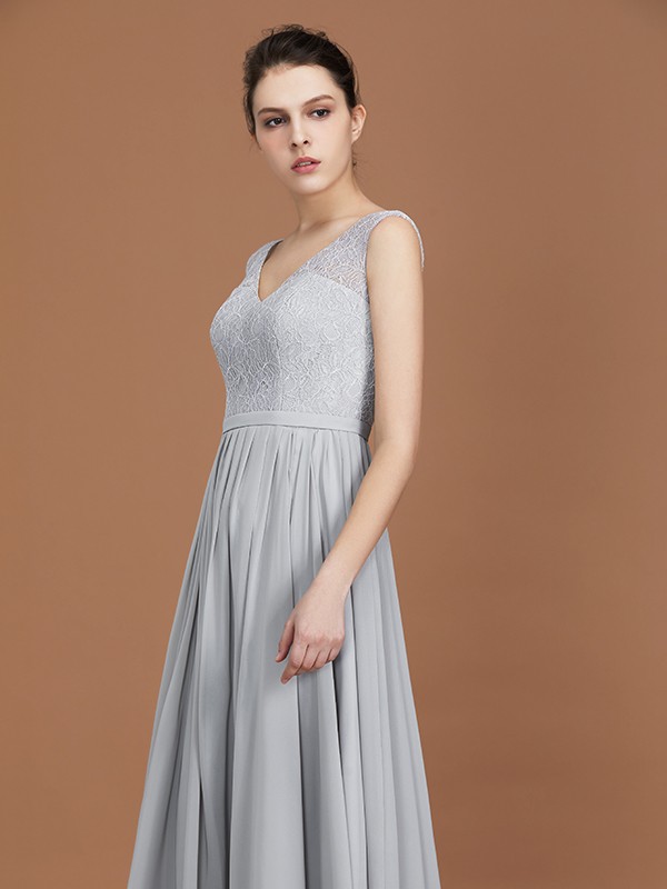 A-Line/Princess V-neck Sleeveless Floor-Length Chiffon Lace Bridesmaid Dress 2823