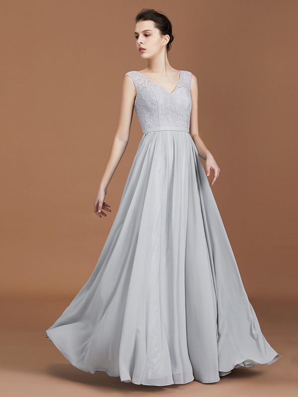 A-Line/Princess V-neck Sleeveless Floor-Length Chiffon Lace Bridesmaid Dress 2823