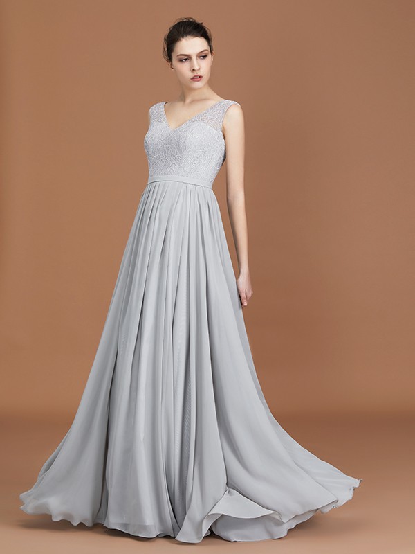 A-Line/Princess V-neck Sleeveless Floor-Length Chiffon Lace Bridesmaid Dress 2823