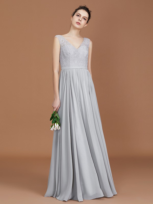 A-Line/Princess V-neck Sleeveless Floor-Length Chiffon Lace Bridesmaid Dress 2823