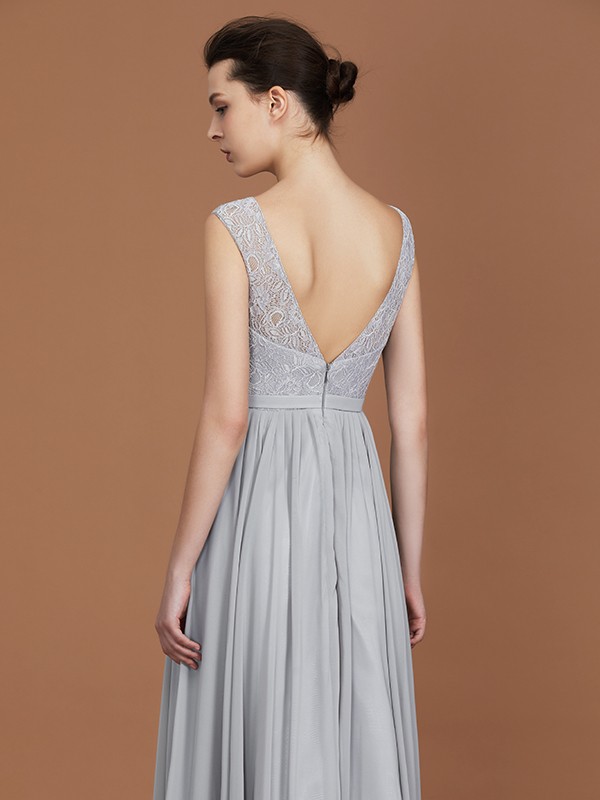 A-Line/Princess V-neck Sleeveless Floor-Length Chiffon Lace Bridesmaid Dress 2823