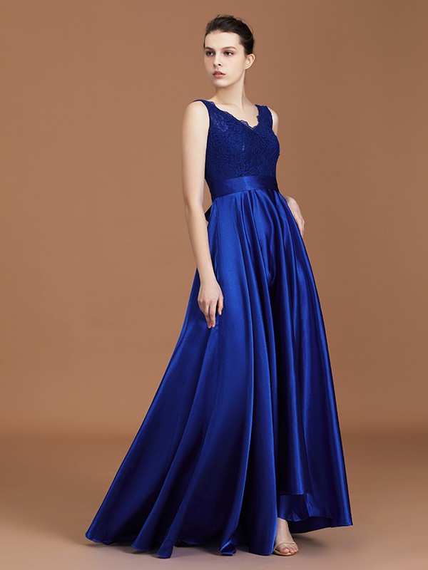 A-Line/Princess V-neck Sleeveless Satin Asymmetrical Lace Bridesmaid Dress 2857