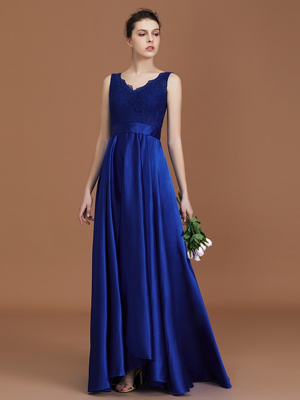 A-Line/Princess V-neck Sleeveless Satin Asymmetrical Lace Bridesmaid Dress 2857