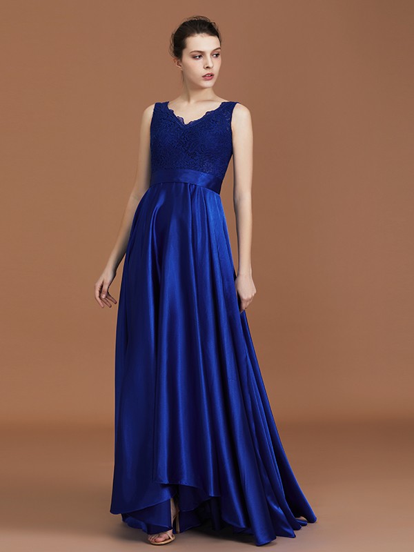 A-Line/Princess V-neck Sleeveless Satin Asymmetrical Lace Bridesmaid Dress 2857