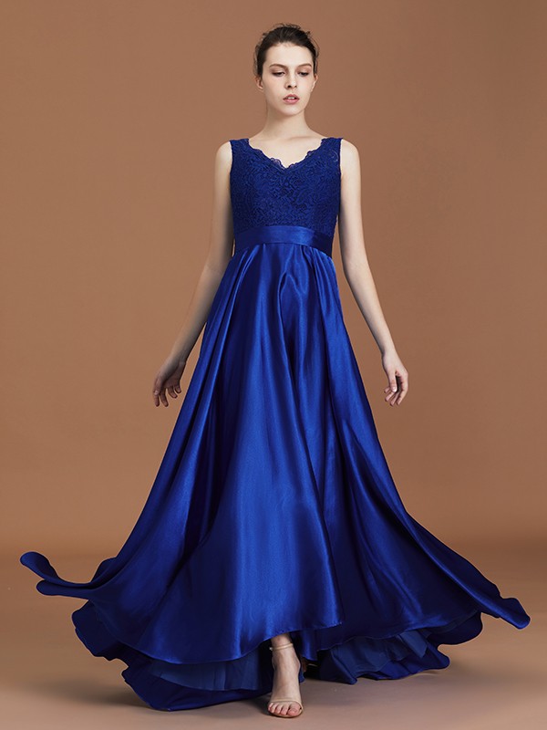 A-Line/Princess V-neck Sleeveless Satin Asymmetrical Lace Bridesmaid Dress 2857