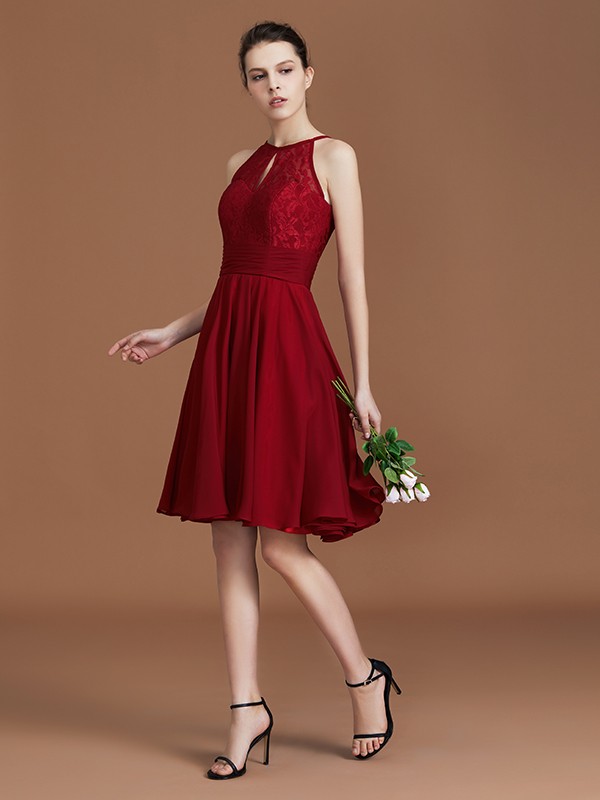 A-Line/Princess halter Sleeveless Knee-Length Chiffon Lace Bridesmaid Dress 2291