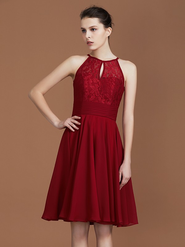 A-Line/Princess halter Sleeveless Knee-Length Chiffon Lace Bridesmaid Dress 2291