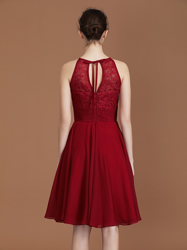 A-Line/Princess halter Sleeveless Knee-Length Chiffon Lace Bridesmaid Dress 2291