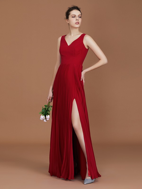 A-Line/Princess Sleeveless Ruched V-neck Floor-Length Chiffon Bridesmaid Dresses 2509