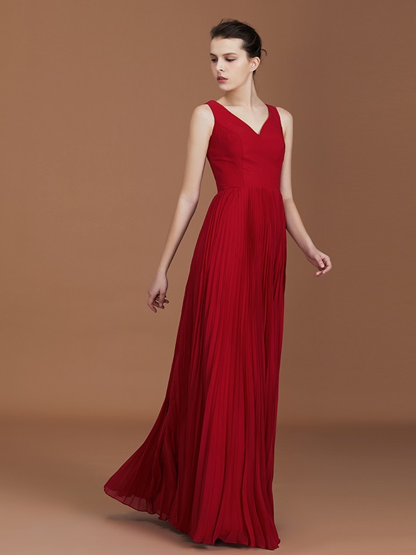 A-Line/Princess Sleeveless Ruched V-neck Floor-Length Chiffon Bridesmaid Dresses 2509