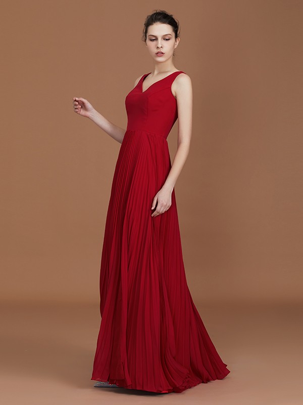 A-Line/Princess Sleeveless Ruched V-neck Floor-Length Chiffon Bridesmaid Dresses 2509