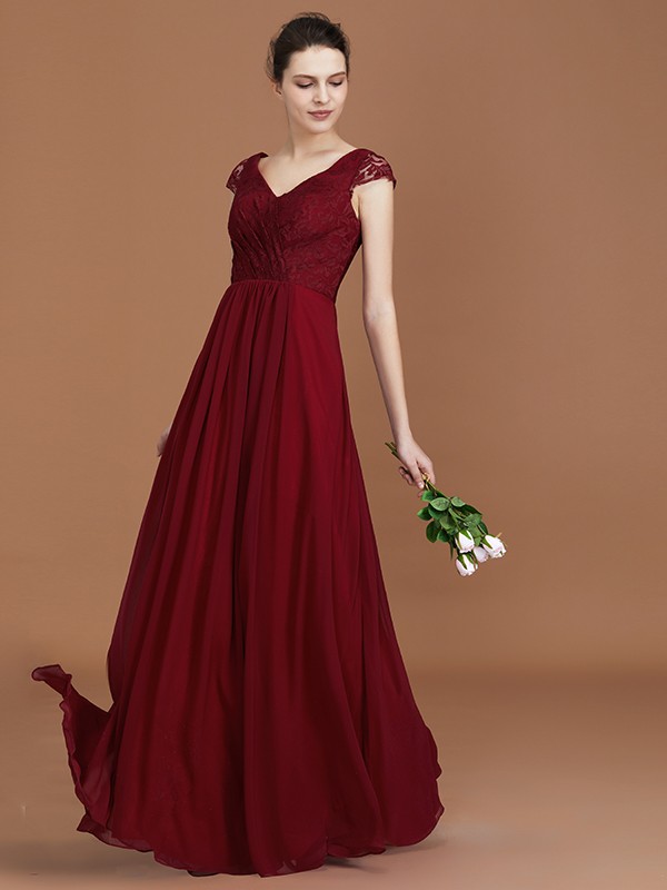 A-Line/Princess Lace Short Sleeves Chiffon Ruched V-neck Floor-Length Bridesmaid Dresses 2347