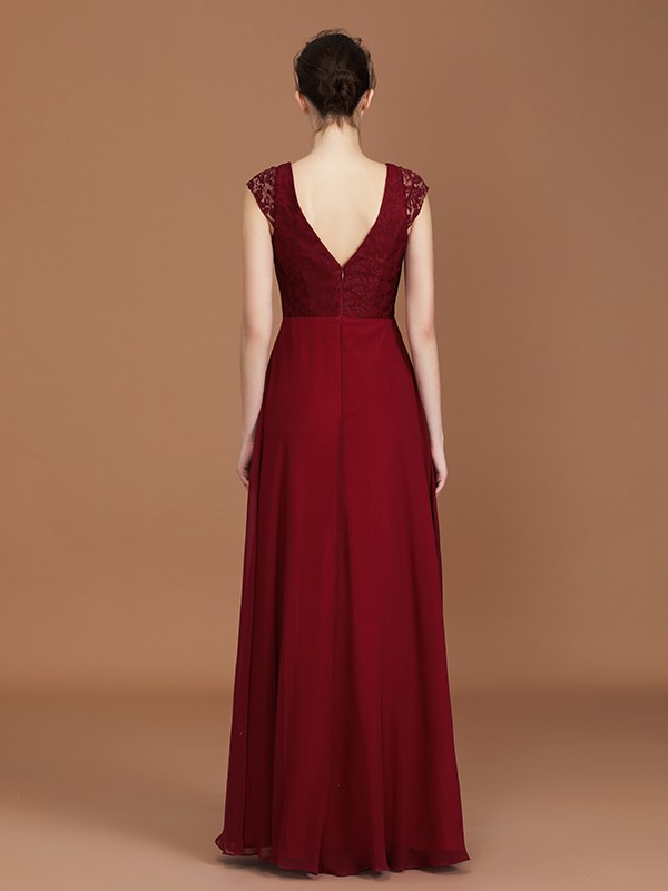 A-Line/Princess Lace Short Sleeves Chiffon Ruched V-neck Floor-Length Bridesmaid Dresses 2347