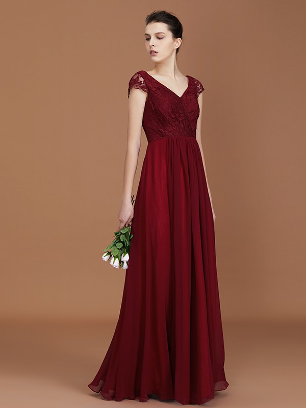 A-Line/Princess Lace Short Sleeves Chiffon Ruched V-neck Floor-Length Bridesmaid Dresses 2347