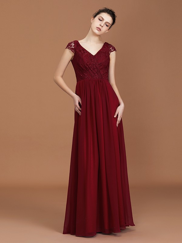 A-Line/Princess Lace Short Sleeves Chiffon Ruched V-neck Floor-Length Bridesmaid Dresses 2347