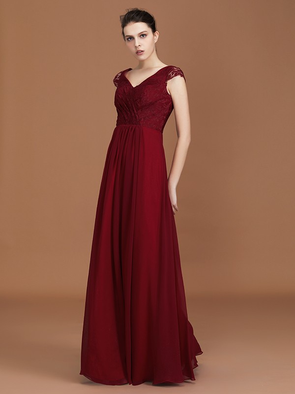 A-Line/Princess Lace Short Sleeves Chiffon Ruched V-neck Floor-Length Bridesmaid Dresses 2347