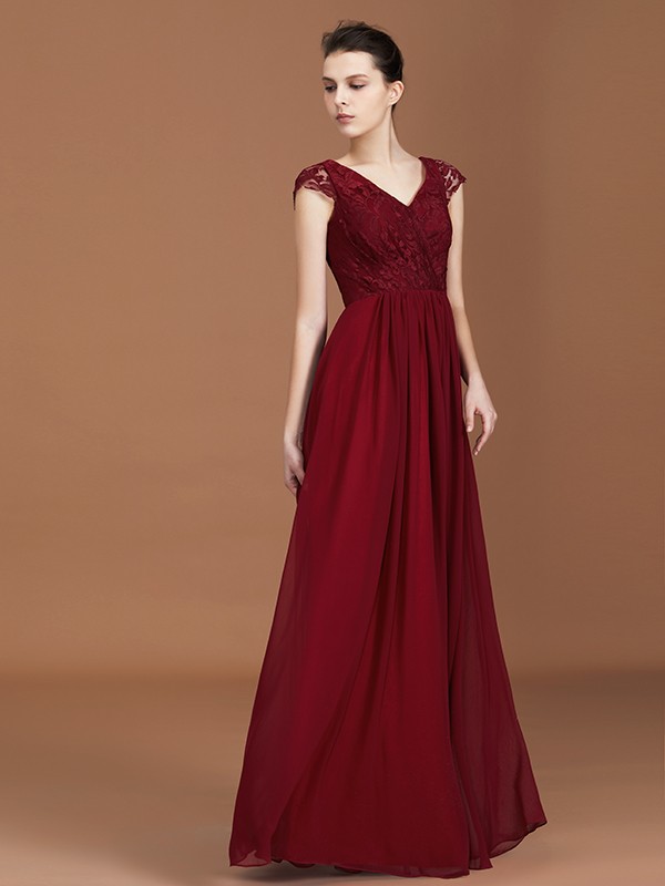 A-Line/Princess Lace Short Sleeves Chiffon Ruched V-neck Floor-Length Bridesmaid Dresses 2347