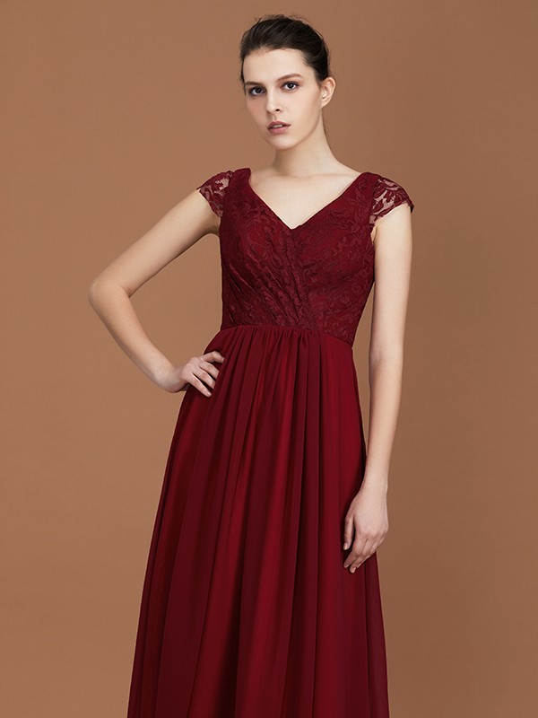 A-Line/Princess Lace Short Sleeves Chiffon Ruched V-neck Floor-Length Bridesmaid Dresses 2347