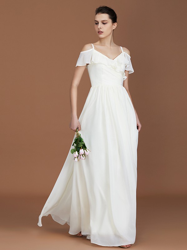 A-Line/Princess Short Sleeves Spaghetti Straps Ruched V-neck Floor-Length Chiffon Bridesmaid Dresses 2469