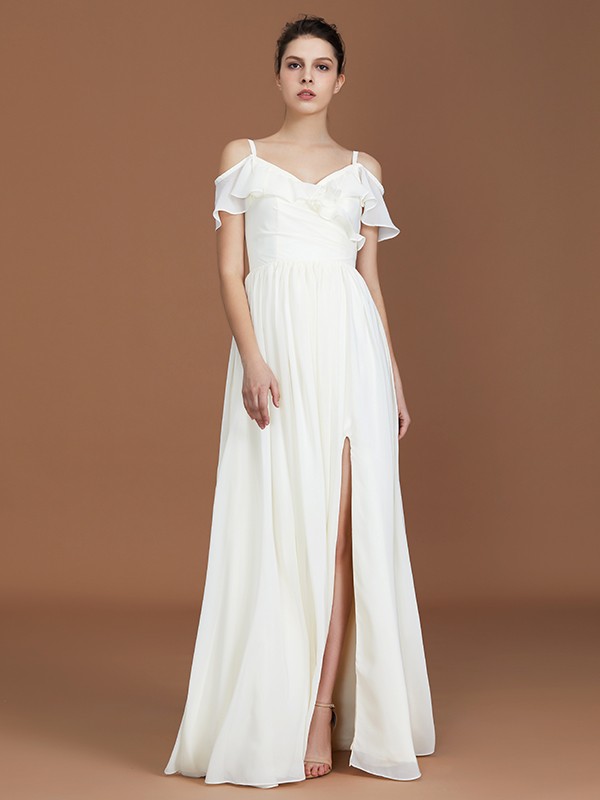 A-Line/Princess Short Sleeves Spaghetti Straps Ruched V-neck Floor-Length Chiffon Bridesmaid Dresses 2469