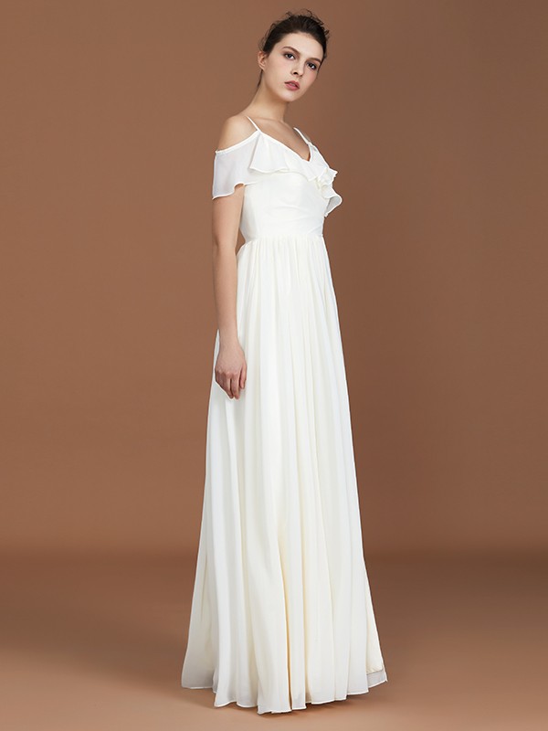 A-Line/Princess Short Sleeves Spaghetti Straps Ruched V-neck Floor-Length Chiffon Bridesmaid Dresses 2469