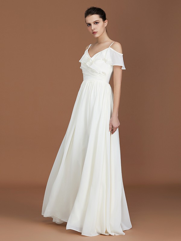 A-Line/Princess Short Sleeves Spaghetti Straps Ruched V-neck Floor-Length Chiffon Bridesmaid Dresses 2469