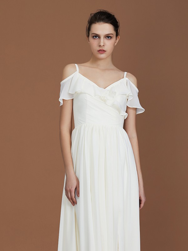 A-Line/Princess Short Sleeves Spaghetti Straps Ruched V-neck Floor-Length Chiffon Bridesmaid Dresses 2469