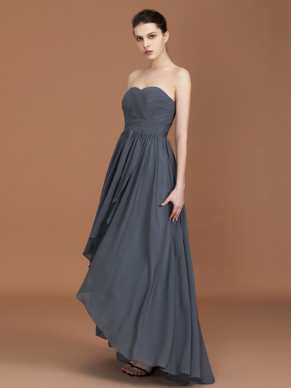 A-Line/Princess Asymmetrical Sleeveless Ruched Sweetheart Floor-Length Chiffon Bridesmaid Dresses 2094