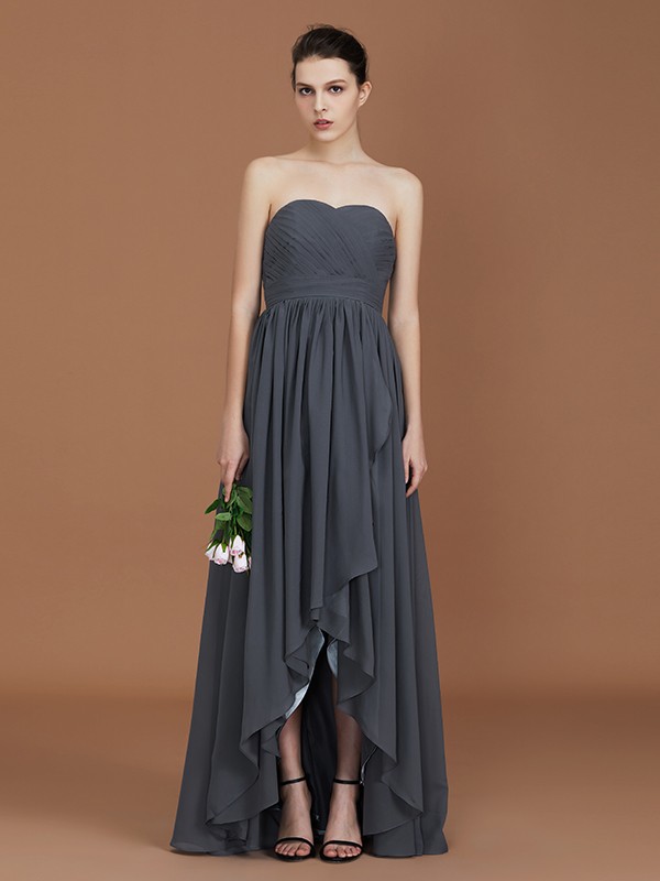 A-Line/Princess Asymmetrical Sleeveless Ruched Sweetheart Floor-Length Chiffon Bridesmaid Dresses 2094