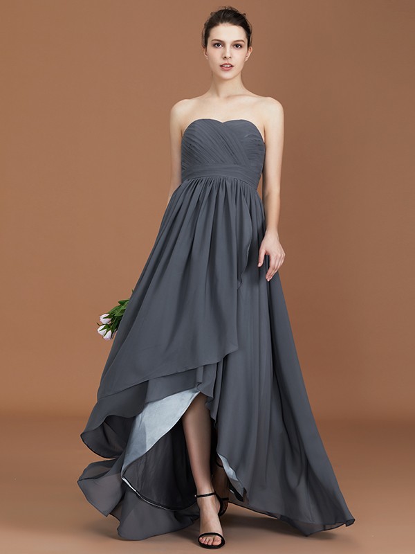 A-Line/Princess Asymmetrical Sleeveless Ruched Sweetheart Floor-Length Chiffon Bridesmaid Dresses 2094