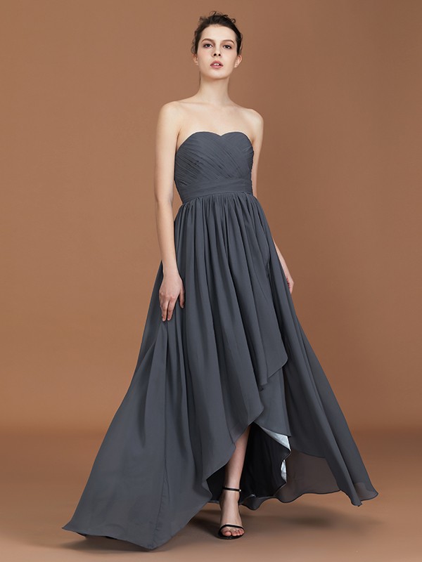 A-Line/Princess Asymmetrical Sleeveless Ruched Sweetheart Floor-Length Chiffon Bridesmaid Dresses 2094