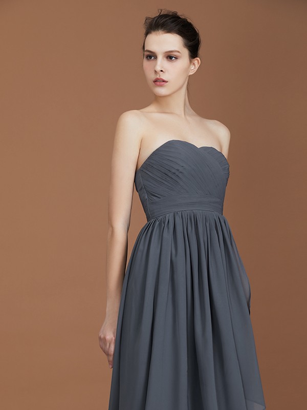 A-Line/Princess Asymmetrical Sleeveless Ruched Sweetheart Floor-Length Chiffon Bridesmaid Dresses 2094