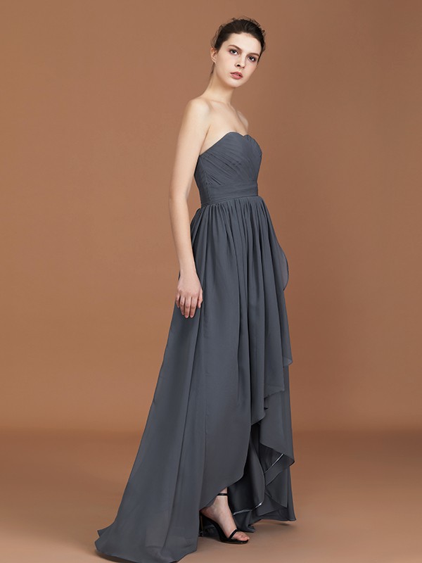 A-Line/Princess Asymmetrical Sleeveless Ruched Sweetheart Floor-Length Chiffon Bridesmaid Dresses 2094