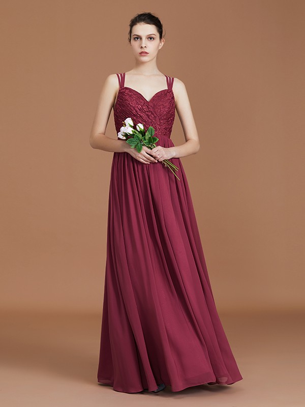 A-Line/Princess Lace Sweetheart Chiffon Ruched Floor-Length Bridesmaid Dresses 2350