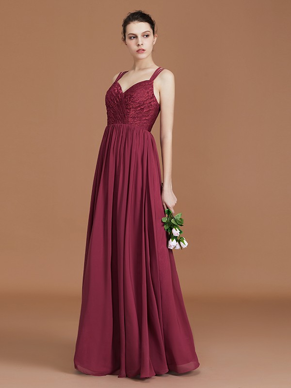 A-Line/Princess Lace Sweetheart Chiffon Ruched Floor-Length Bridesmaid Dresses 2350