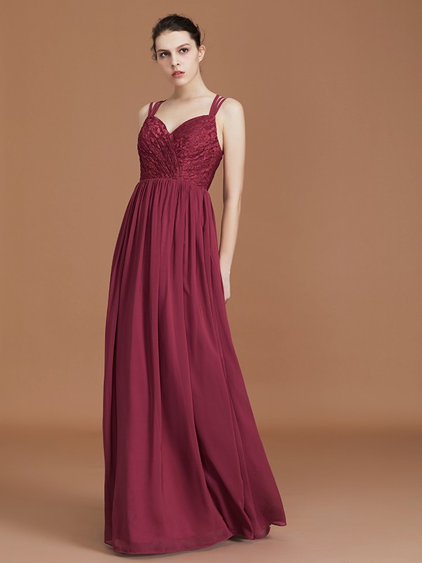 A-Line/Princess Lace Sweetheart Chiffon Ruched Floor-Length Bridesmaid Dresses 2350