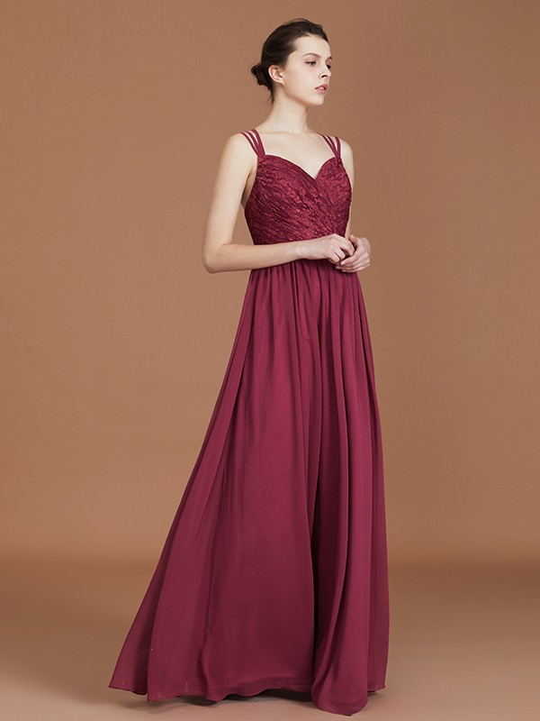 A-Line/Princess Lace Sweetheart Chiffon Ruched Floor-Length Bridesmaid Dresses 2350