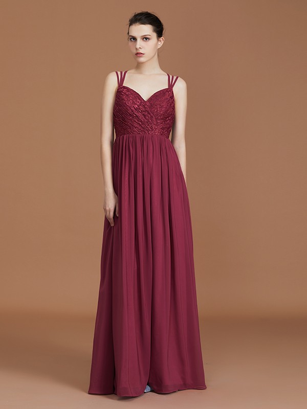 A-Line/Princess Lace Sweetheart Chiffon Ruched Floor-Length Bridesmaid Dresses 2350