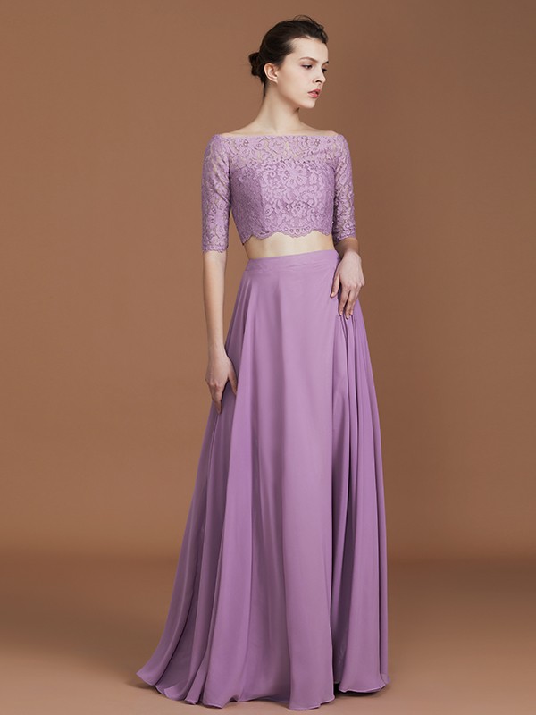 A-Line/Princess Lace Off-the-Shoulder 1/2 Sleeves Floor-Length Chiffon Bridesmaid Dress 2344