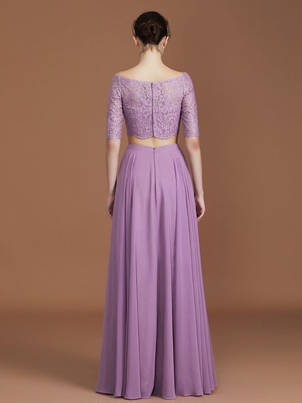 A-Line/Princess Lace Off-the-Shoulder 1/2 Sleeves Floor-Length Chiffon Bridesmaid Dress 2344